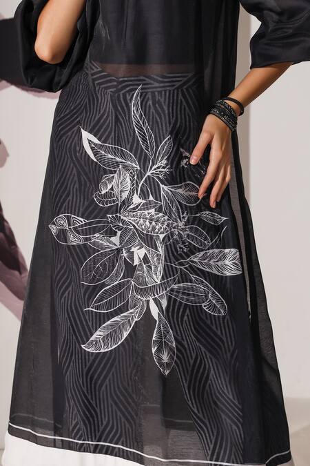Buy_Mehak Talreja Couturre_Black Chanderi Printed Floral And Geometric Mandarin Kurta & Pant Set  _Online_at_Aza_Fashions