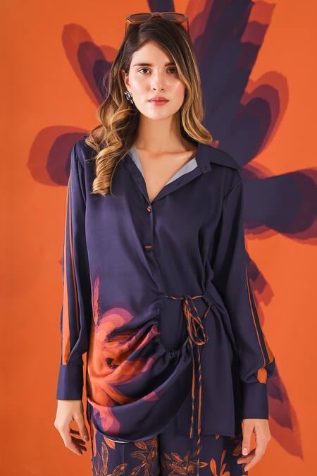 Mehak Talreja Couturre_Blue Crepe Floral Shirt Collar Draped And Pant Set _Online_at_Aza_Fashions