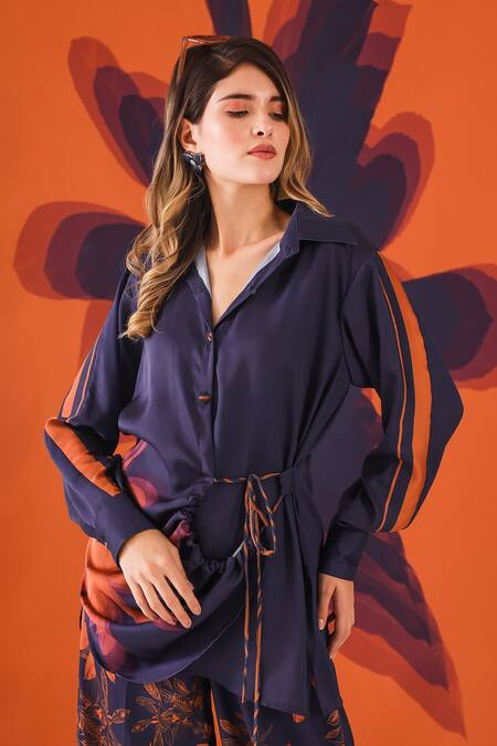 Buy_Mehak Talreja Couturre_Blue Crepe Floral Shirt Collar Draped And Pant Set _Online_at_Aza_Fashions