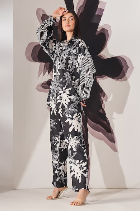 Mehak Talreja Couturre Black Crepe Floral, Geometric Shirt Collar Printed And Pant Set 