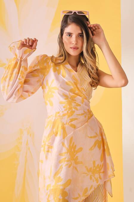 Mehak Talreja Couturre_Yellow Chanderi Floral, Geometric V Neck Printed Draped Dress _Online_at_Aza_Fashions