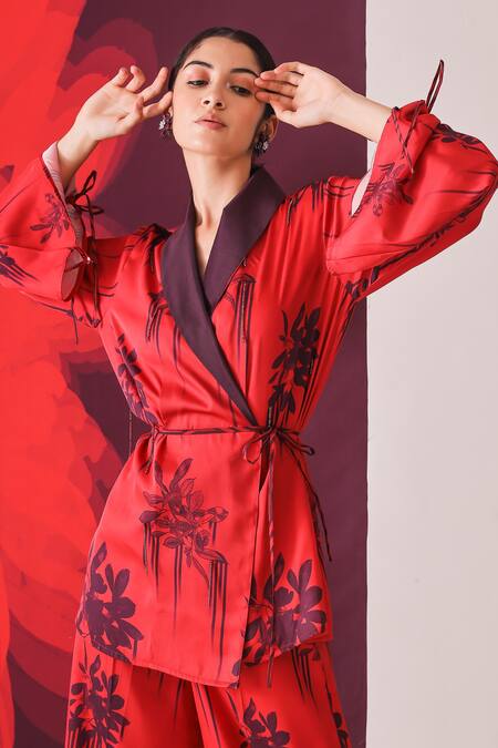 Mehak Talreja Couturre_Red Crepe Floral V Neck Printed Kimono Top And Pant Set _Online_at_Aza_Fashions