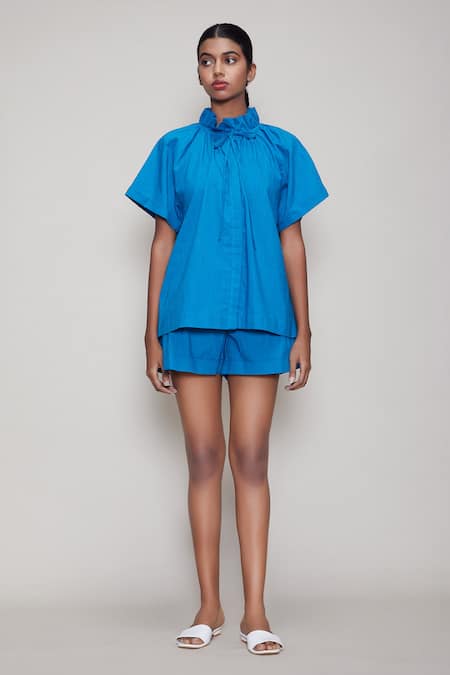 Buy MATI_1 Blue Cotton High Neck Shirt And Shorts Set Online at Aza Fashions Buy_MATI_1_Blue Cotton High Neck Shirt And Shorts Set _Online_at_Aza_Fashions