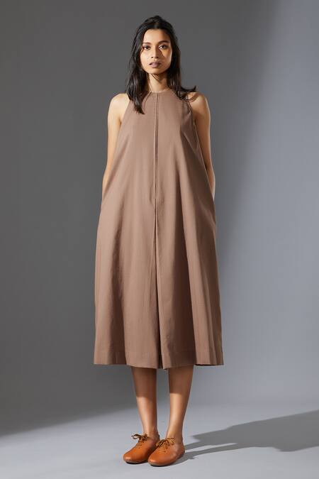 MATI_Beige Cotton Shift Dress _Online_at_Aza_Fashions