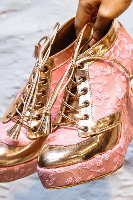 Tiesta_Pink Embroidery Lucknowi Sneaker Wedges _Online_at_Aza_Fashions