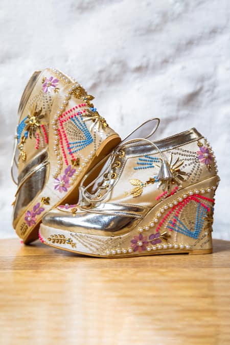 Tiesta Gold Hand Embroidered Sneaker Wedges 