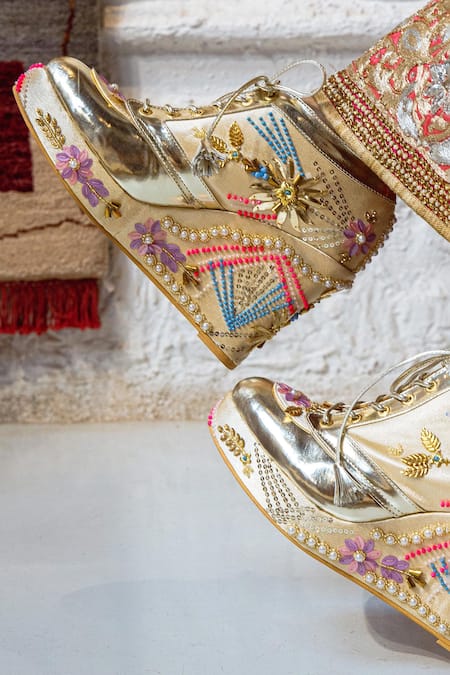 Shop Tiesta Gold Embroidery Sneaker Wedges at Aza Fashions Shop_Tiesta_Gold Embroidery Sneaker Wedges _at_Aza_Fashions