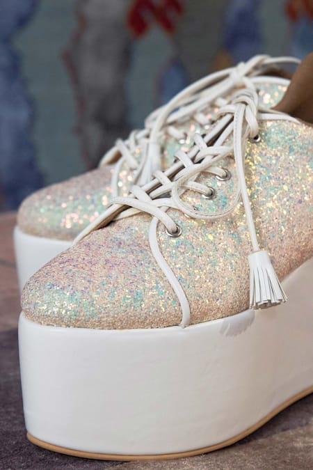 Tiesta_Silver Glitter, Sequins Begum Embellished Sneaker Wedges _Online_at_Aza_Fashions