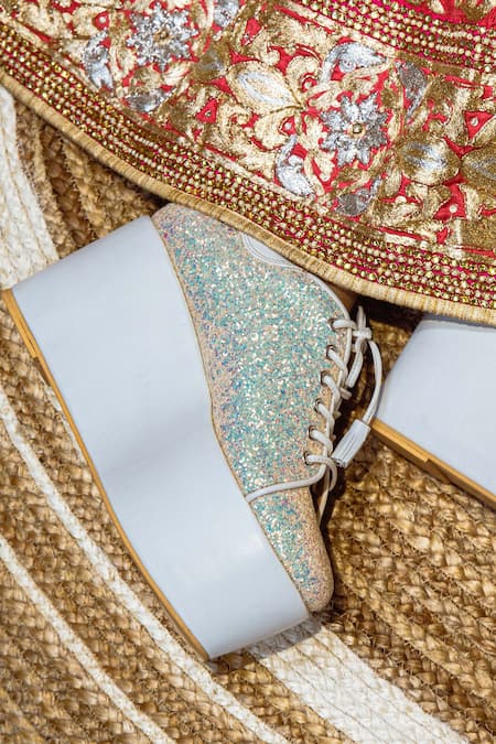 Buy_Tiesta_Silver Glitter, Sequins Begum Embellished Sneaker Wedges _Online_at_Aza_Fashions