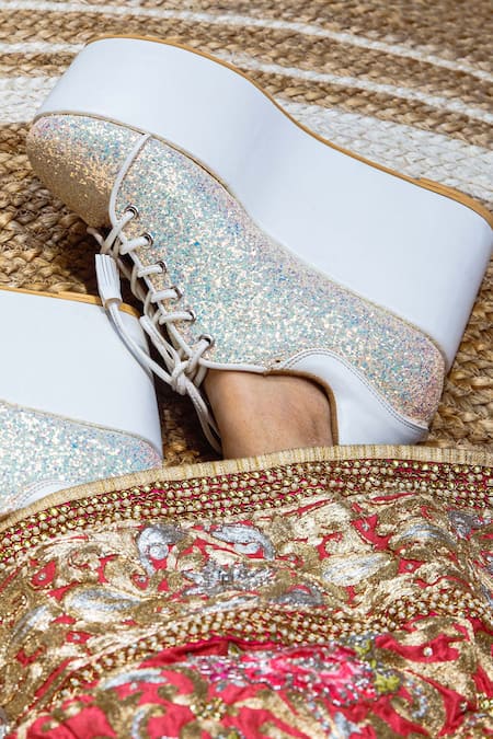 Tiesta_Silver Glitter, Sequins Begum Embellished Sneaker Wedges _at_Aza_Fashions