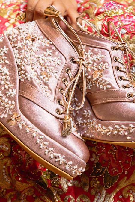 Shop Tiesta Gold Embroidered Sneaker Wedges at Aza Fashions Shop_Tiesta_Gold Embroidered Sneaker Wedges _at_Aza_Fashions