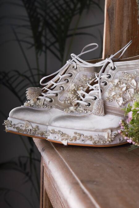 Tiesta Ivory Cinderella Embellished Sneaker Wedges Online at Aza Fashions Tiesta_Ivory Cinderella Embellished Sneaker Wedges _Online_at_Aza_Fashions