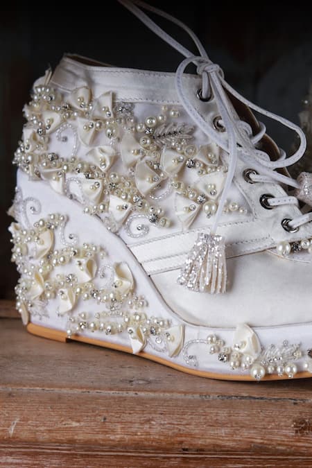 Shop Tiesta Ivory Cinderella Embellished Sneaker Wedges Online at Aza Fashions Shop_Tiesta_Ivory Cinderella Embellished Sneaker Wedges _Online_at_Aza_Fashions