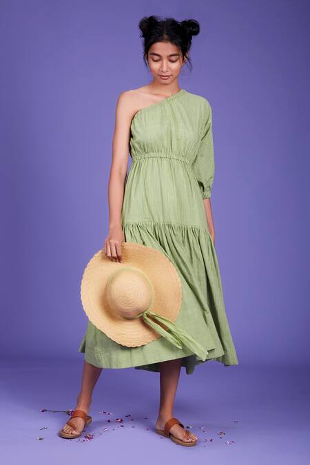 MATI_1 Green Handwoven One Shoulder Dress Online at Aza Fashions MATI_1_Green Handwoven One Shoulder Dress_Online_at_Aza_Fashions