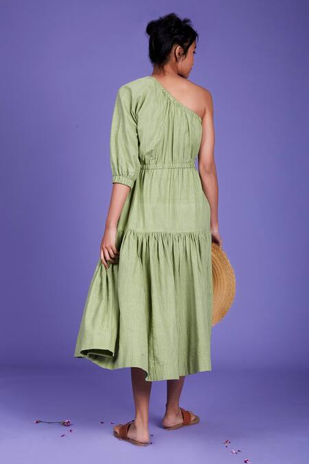Shop MATI_1 Green Handwoven One Shoulder Dress at Aza Fashions Shop_MATI_1_Green Handwoven One Shoulder Dress_at_Aza_Fashions