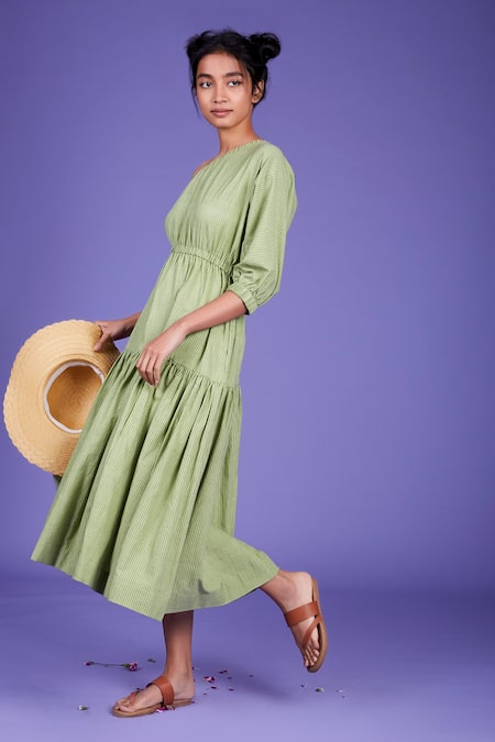 Buy MATI_1 Green Handwoven One Shoulder Dress Online at Aza Fashions Buy_MATI_1_Green Handwoven One Shoulder Dress_Online_at_Aza_Fashions