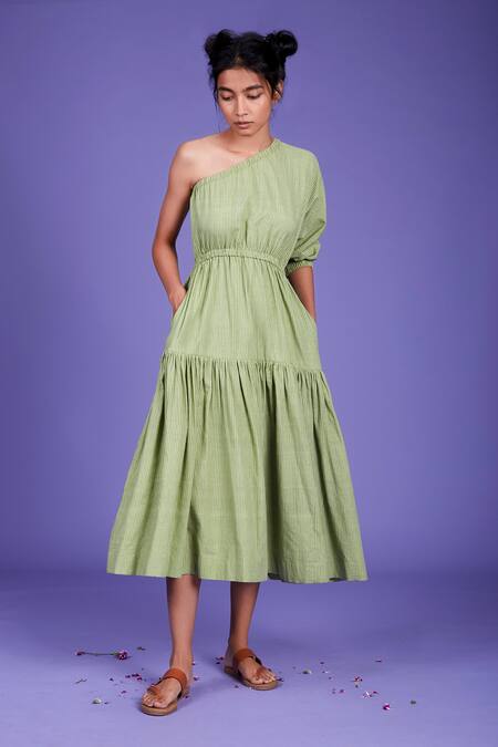 Shop MATI_1 Green Handwoven One Shoulder Dress Online at Aza Fashions Shop_MATI_1_Green Handwoven One Shoulder Dress_Online_at_Aza_Fashions