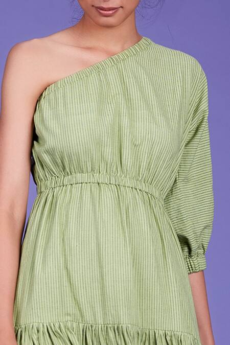 MATI_1 Green Handwoven One Shoulder Dress at Aza Fashions MATI_1_Green Handwoven One Shoulder Dress_at_Aza_Fashions