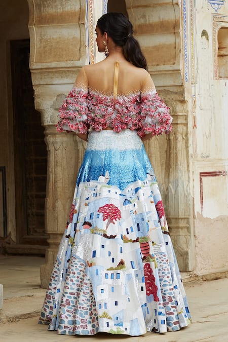 Shop Rahul Mishra Multi Color Lehenga Silk Organza Lining Viscose Blouse Ruffle Crop Top With at Aza Fashions Shop_Rahul Mishra_Multi Color Lehenga Silk Organza Lining Viscose Blouse Ruffle Crop Top With _at_Aza_Fashions