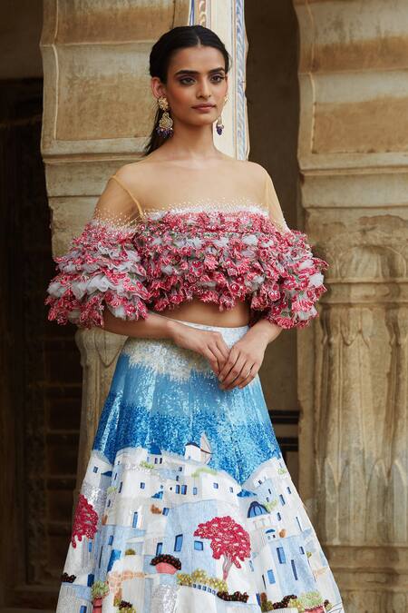 Shop Rahul Mishra Multi Color Lehenga Silk Organza Lining Viscose Blouse Ruffle Crop Top With Online at Aza Fashions Shop_Rahul Mishra_Multi Color Lehenga Silk Organza Lining Viscose Blouse Ruffle Crop Top With _Online_at_Aza_Fashions