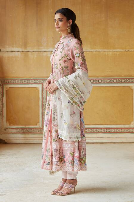 Rahul Mishra Pink And Dupatta Silk Organza Pant Raw Silk Lining Viscose Set Online at Aza Fashions Rahul Mishra_Pink And Dupatta Silk Organza Pant Raw Silk Lining Viscose Set _Online_at_Aza_Fashions