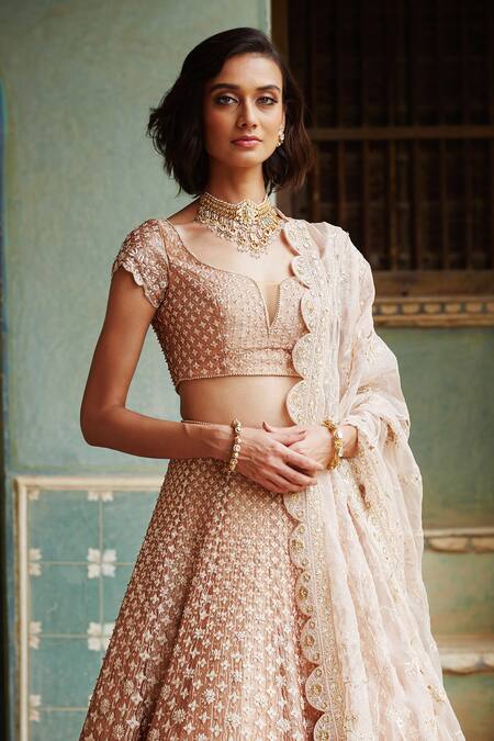Shop Rahul Mishra Gold Lehenga Tissue Lining Viscose Dupatta Silk Organza Bridal Set Online at Aza Fashions Shop_Rahul Mishra_Gold Lehenga Tissue Lining Viscose Dupatta Silk Organza Bridal Set _Online_at_Aza_Fashions
