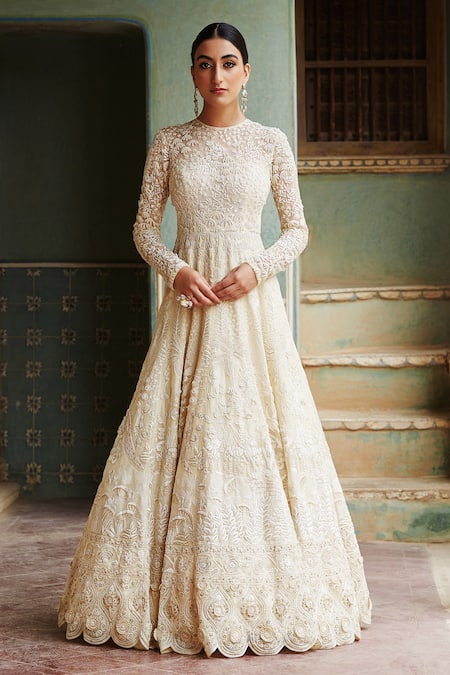 Festive Wear Soothing Cream Color Designer Net Fabric Gown