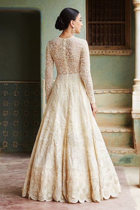 Shop Rahul Mishra Gold Silk Organza Lining Viscose Embroidery Round Gown at Aza Fashions Shop_Rahul Mishra_Gold Silk Organza Lining Viscose Embroidery Round Gown _at_Aza_Fashions