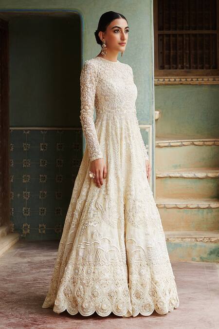 Rahul Mishra Gold Silk Organza Lining Viscose Embroidery Round Gown Online at Aza Fashions Rahul Mishra_Gold Silk Organza Lining Viscose Embroidery Round Gown _Online_at_Aza_Fashions