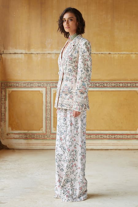 Rahul Mishra_Multi Color Raw Silk Blazer Lining Viscose Double Breasted Jacket And Pant Set_Online_at_Aza_Fashions