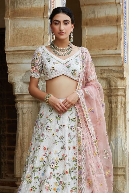 Shop_Rahul Mishra_White Lehenga And Dupatta Silk Organza Blouse Viscose Georgette Bridal Set _Online_at_Aza_Fashions