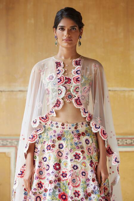 Rahul Mishra White Lehenga Silk Organza And Cape Tulle Lining And Set at Aza Fashions Rahul Mishra_White Lehenga Silk Organza And Cape Tulle Lining And Set _at_Aza_Fashions