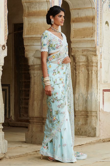 Rahul Mishra Blue Saree Organza And Blouse Viscose With Online at Aza Fashions Rahul Mishra_Blue Saree Organza And Blouse Viscose With _Online_at_Aza_Fashions