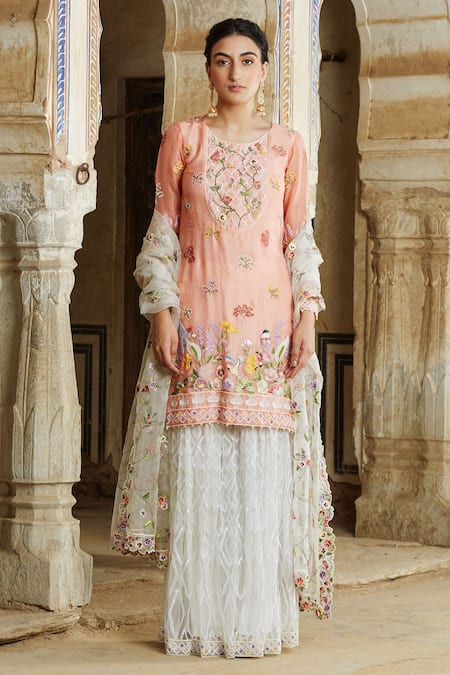 Rahul Mishra Pink Kurta And Dupatta Silk Organza Sharara Tulle Lining Viscose Round Set