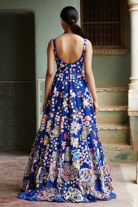 Shop_Rahul Mishra_Blue Silk Organza Lining Viscose Leaf Neck Gown _at_Aza_Fashions