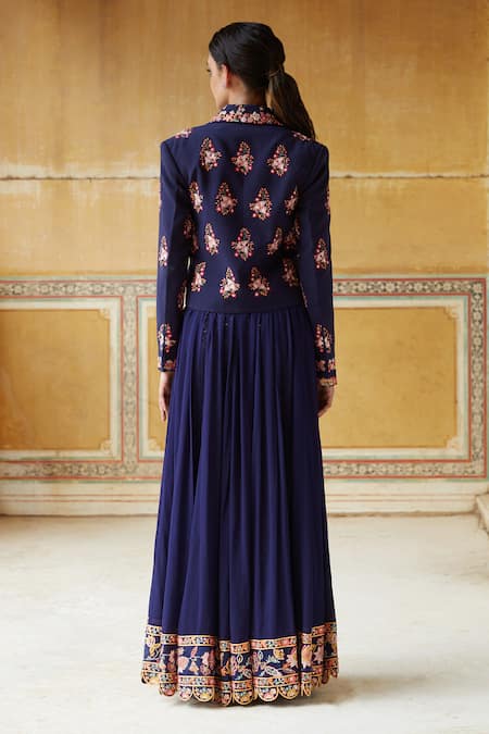Shop Rahul Mishra Blue Anarkali Silk Organza Embroidery Anarkali V Neck With Jacket at Aza Fashions Shop_Rahul Mishra_Blue Anarkali Silk Organza Embroidery Anarkali V Neck With Jacket _at_Aza_Fashions