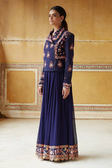 Rahul Mishra Blue Anarkali Silk Organza Embroidery Anarkali V Neck With Jacket Online at Aza Fashions Rahul Mishra_Blue Anarkali Silk Organza Embroidery Anarkali V Neck With Jacket _Online_at_Aza_Fashions