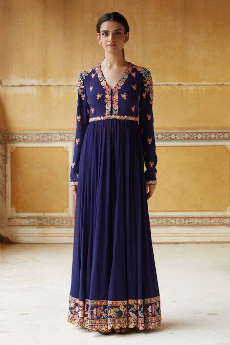 Buy Rahul Mishra Blue Anarkali Silk Organza Embroidery Anarkali V Neck With Jacket Online at Aza Fashions Buy_Rahul Mishra_Blue Anarkali Silk Organza Embroidery Anarkali V Neck With Jacket _Online_at_Aza_Fashions