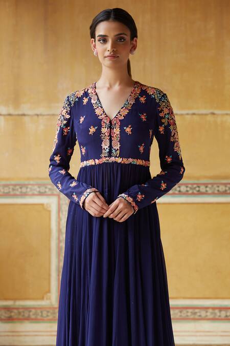 Shop Rahul Mishra Blue Anarkali Silk Organza Embroidery Anarkali V Neck With Jacket Online at Aza Fashions Shop_Rahul Mishra_Blue Anarkali Silk Organza Embroidery Anarkali V Neck With Jacket _Online_at_Aza_Fashions