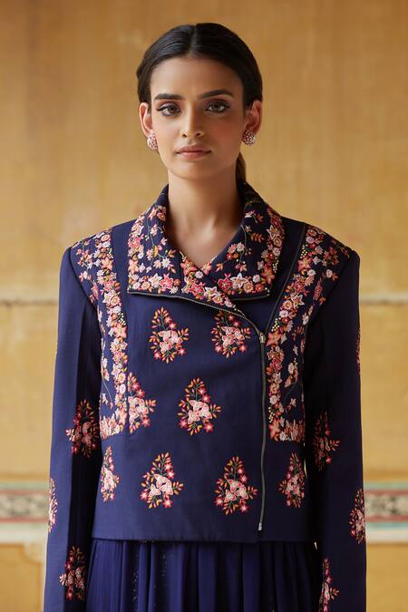 Rahul Mishra Blue Anarkali Silk Organza Embroidery Anarkali V Neck With Jacket at Aza Fashions Rahul Mishra_Blue Anarkali Silk Organza Embroidery Anarkali V Neck With Jacket _at_Aza_Fashions