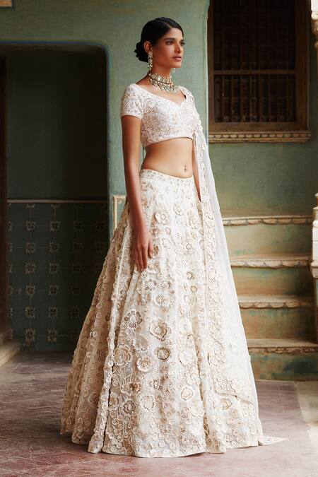 Rahul Mishra White Lehenga And Dupatta Silk Organza Blouse Raw Silk Lining Bridal Set Online at Aza Fashions Rahul Mishra_White Lehenga And Dupatta Silk Organza Blouse Raw Silk Lining Bridal Set _Online_at_Aza_Fashions
