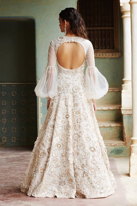 Shop Rahul Mishra White Silk Organza Embroidery Round Gown at Aza Fashions Shop_Rahul Mishra_White Silk Organza Embroidery Round Gown _at_Aza_Fashions