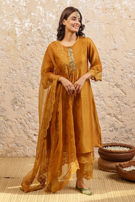 Naaz By Noor_Yellow Cotton, Organza, Silk Chanderi Embroidered Kurta Set_Online_at_Aza_Fashions