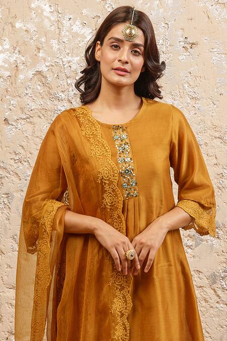 Buy_Naaz By Noor_Yellow Cotton, Organza, Silk Chanderi Embroidered Kurta Set_Online_at_Aza_Fashions