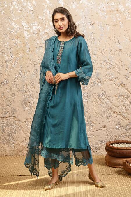 Naaz By Noor_Green Cotton, Organza, Silk Chanderi Embroidered Kurta Set_Online_at_Aza_Fashions