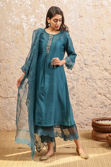 Buy_Naaz By Noor_Green Cotton, Organza, Silk Chanderi Embroidered Kurta Set_Online_at_Aza_Fashions