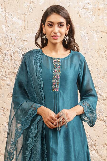 Shop_Naaz By Noor_Green Cotton, Organza, Silk Chanderi Embroidered Kurta Set_Online_at_Aza_Fashions