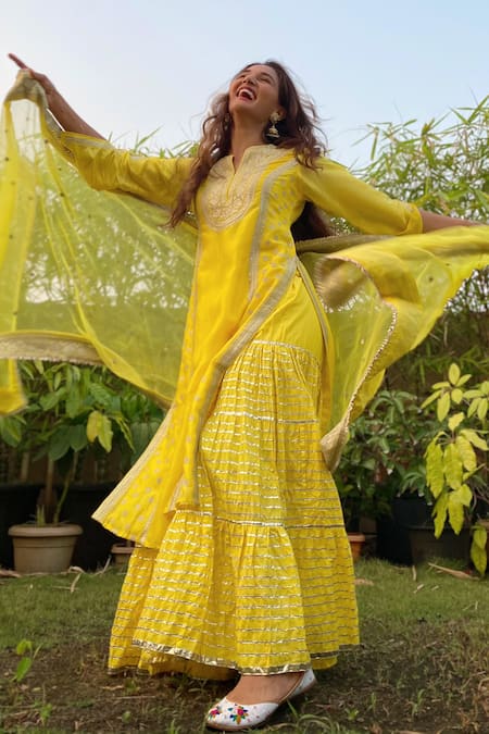 Gopi Vaid_Yellow Dupatta Organza, Kurta Tussar Silk, Sharara Muzafar Embroidered Set_Online_at_Aza_Fashions