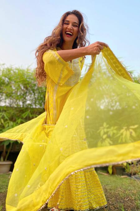 Shop_Gopi Vaid_Yellow Dupatta Organza, Kurta Tussar Silk, Sharara Muzafar Embroidered Set_Online_at_Aza_Fashions