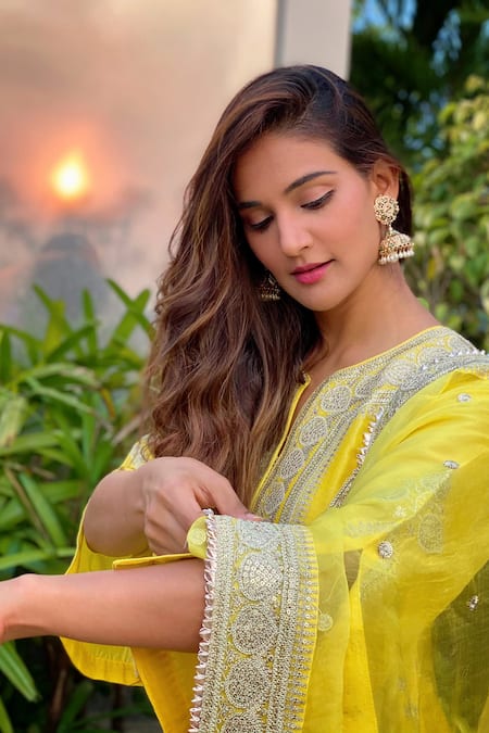 Shop_Gopi Vaid_Yellow Dupatta Organza, Kurta Tussar Silk, Sharara Muzafar Embroidered Set